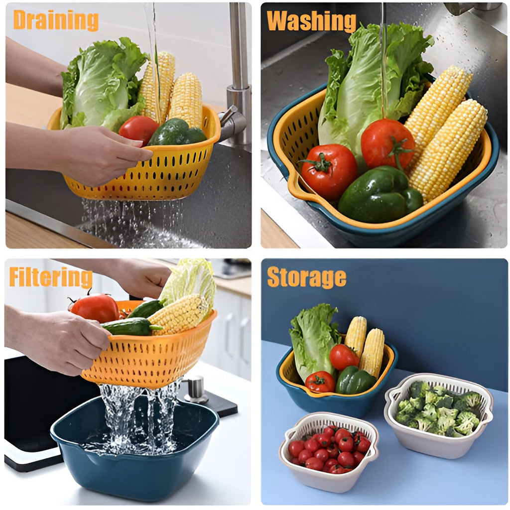 Multi-function Double-layer Draining Storage Basket with Lid | Kitchen Basket (Random Color)