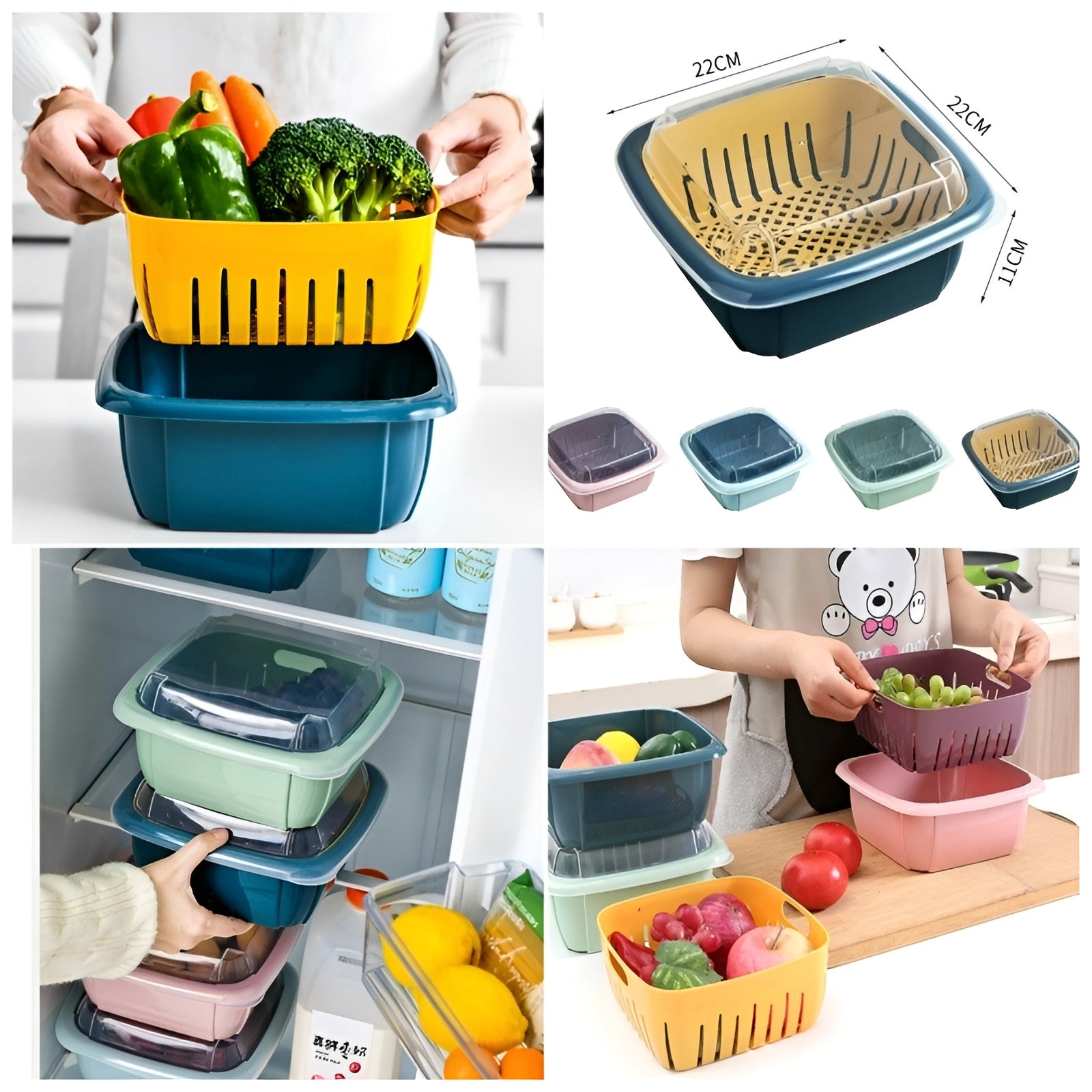 Multi-function Double-layer Draining Storage Basket with Lid | Kitchen Basket (Random Color)