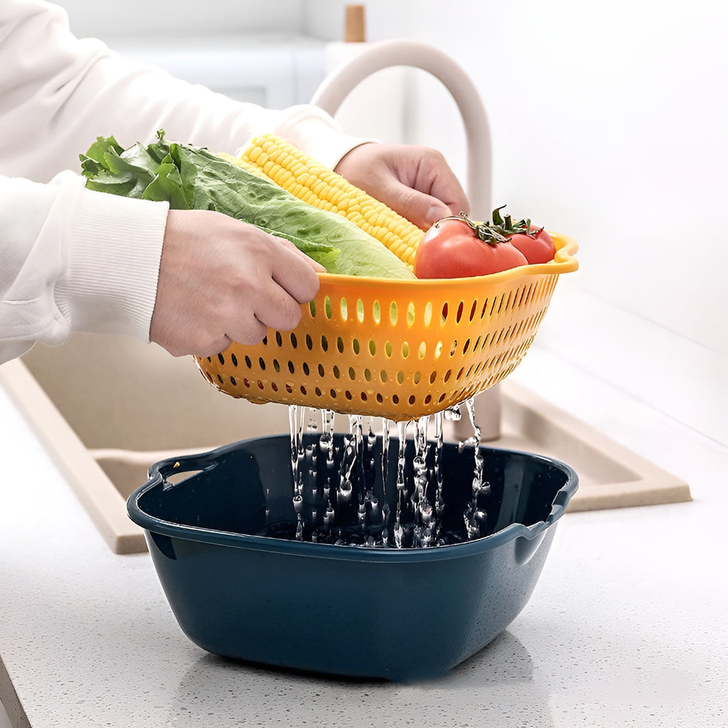 Multi-function Double-layer Draining Storage Basket with Lid | Kitchen Basket (Random Color)