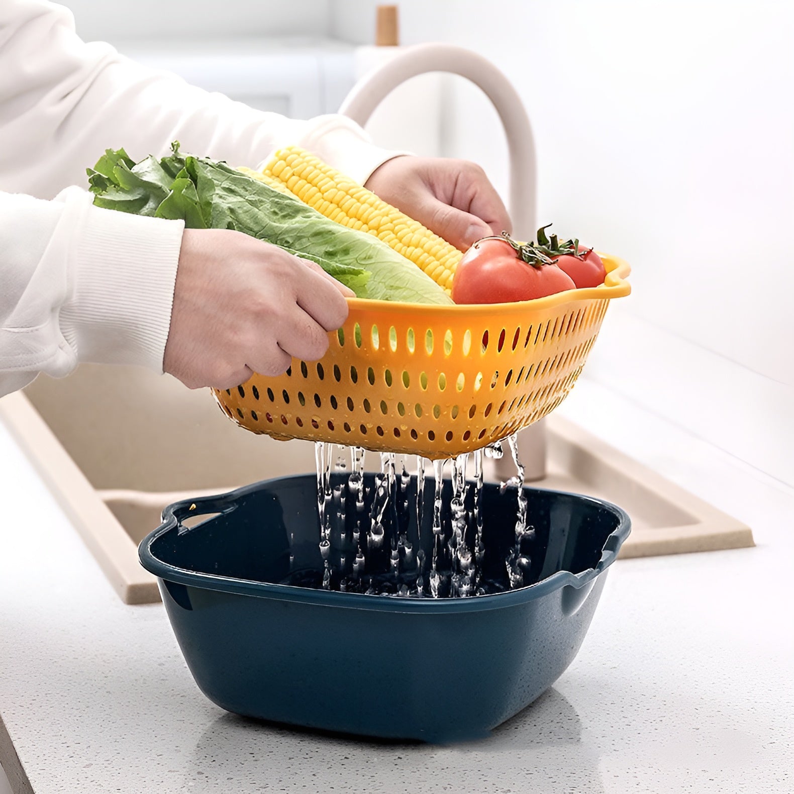 Multi-function Double-layer Draining Storage Basket with Lid | Kitchen Basket (Random Color)