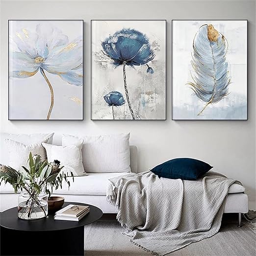 Set of 3 Fresh Posters – Flowers & Feather Wall Art Prints (8x11 Inches) with Double Tape