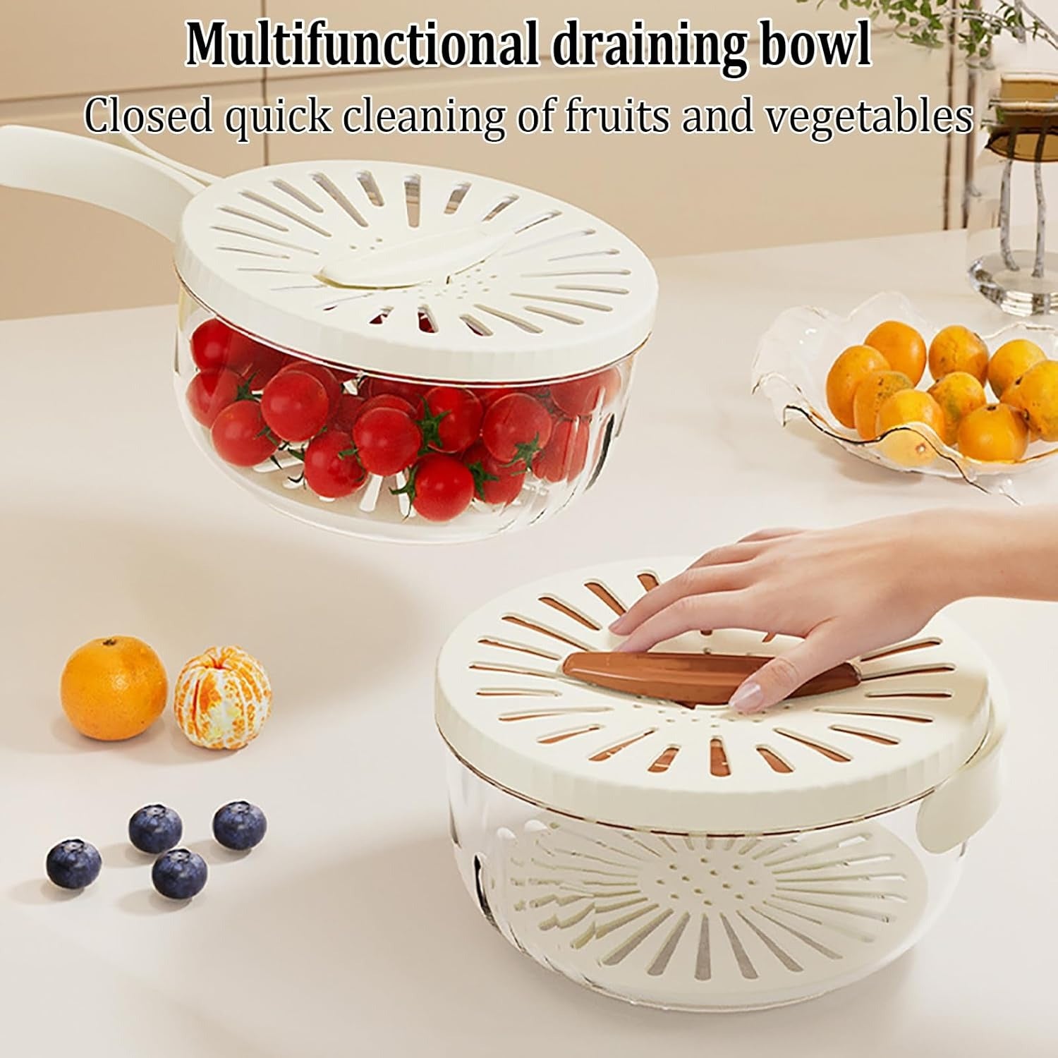 Kitchen Fruit Drainage Basket with Lid – Multi functional Dual-Layer Bowl for Washing, Draining & Storing Fruits and Vegetables, Foldable Handle Design, White Rs