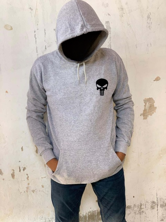 Printed Grey Hoodie for Teens & Adults – Black Skull Graphic, Premium Fabric